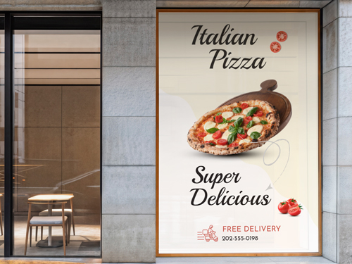 Pizza restaurant window decal with an opaque finish displaying the brand's name and motto