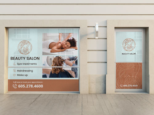 Beauty salon window decal with a perforated finish showcasing services and contact details
