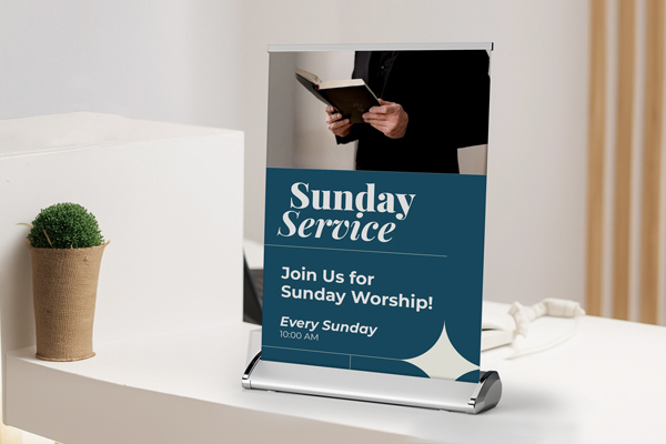 Sunday Service worship center tabletop retractable banner with an inspirational message.