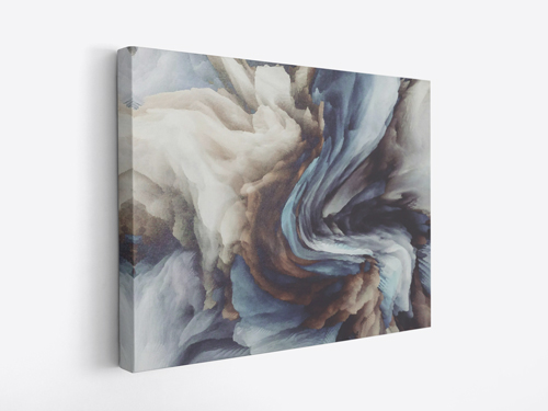 An abstract swirled wrapped canvas print with blue, gray, and brown flowing paint design.