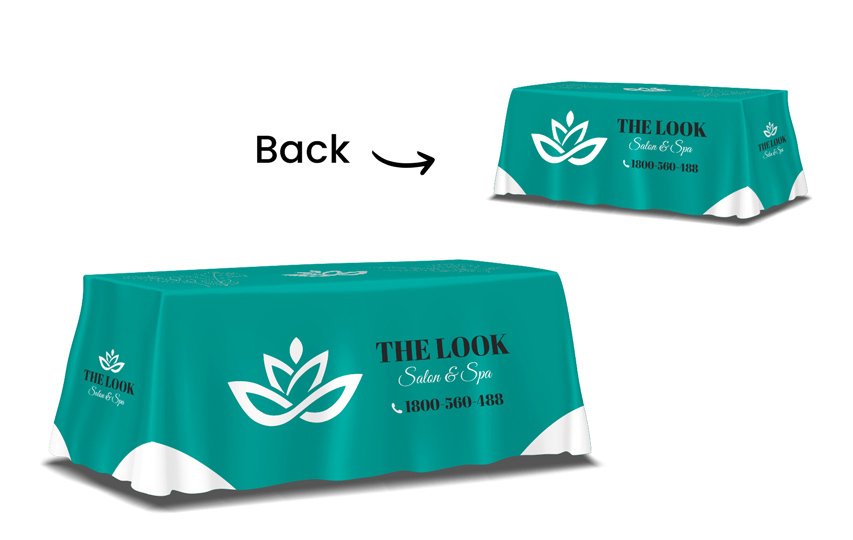 Branded logo table cover with brand name, logo and contacts.
