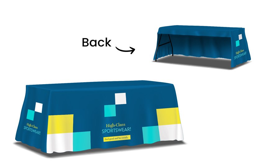 High-Class Sportswear promotional trade show table cover with images showing front and back.