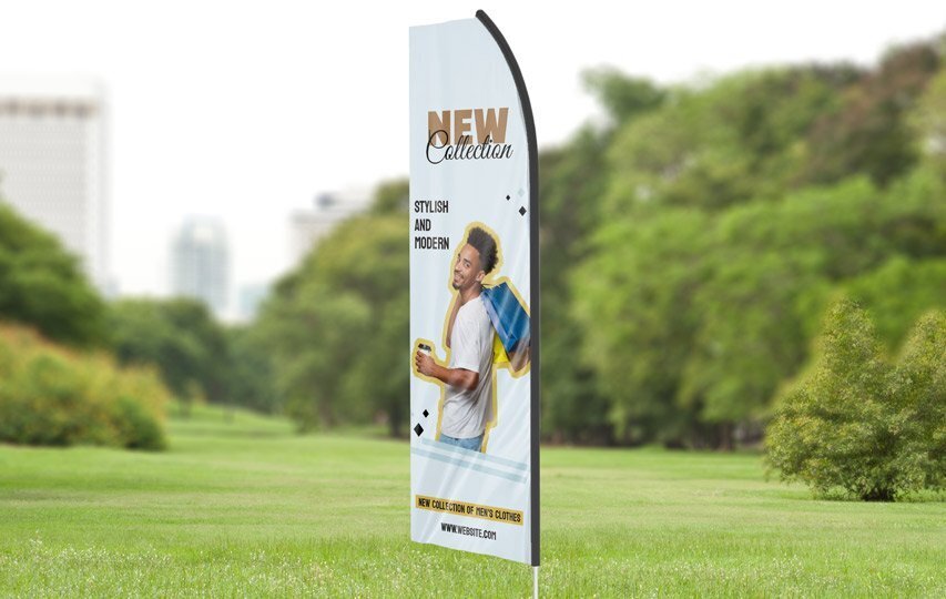 New Collection informative econo feather flag showcasing a man's image.