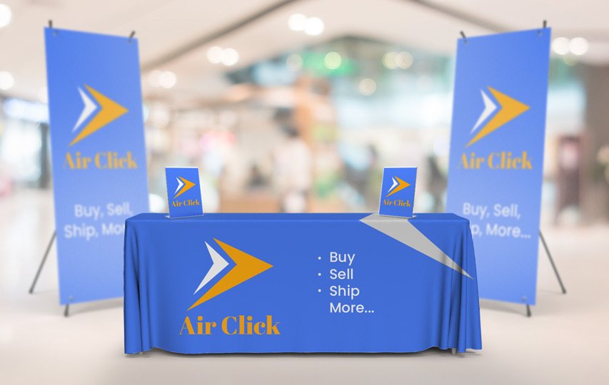 Informative trade show table cover with Buy Sell Ship message.