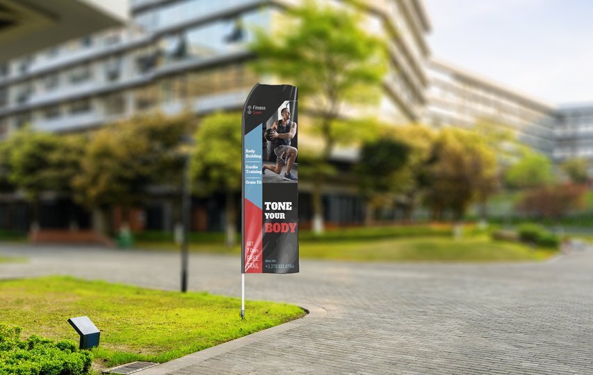 Promotional econo feather flag reading Tone Your Body.