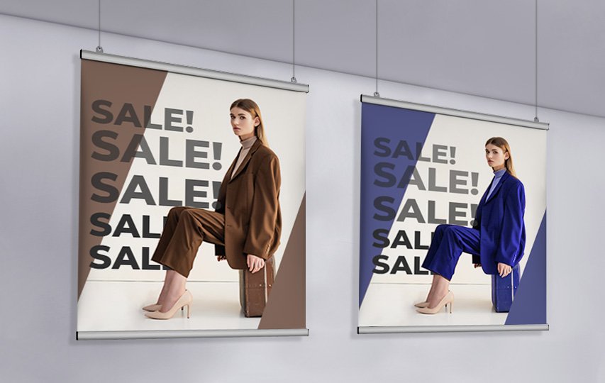 Snap hanging posters with a woman image and the text Sale.